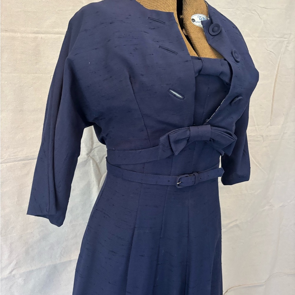 Vintage 60s Mod Navy Blue Textured Cotton Dress Suit Polka Dot Lining Jacket S - Picture 8 of 12